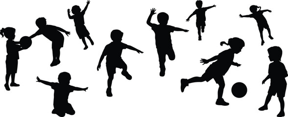 Children silhouettes, playful activity, running, jumping, ball game, black figures, white background, energetic kids, vector illustration, flat style, movement, outdoor fun