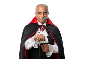 Senior Man in Vampire Costume on White Background
