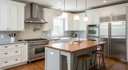 Fototapeta premium Modern white kitchen with island, stainless steel appliances, and hardwood floors