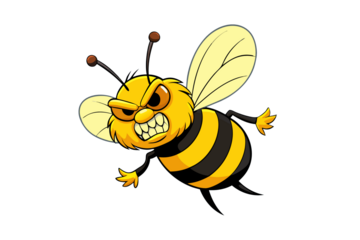 Photo of angry cartoon bee with sharp teeth, isolated on transparent background