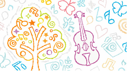 Colorful drawing of a tree with musical notes and stars next to a violin and butterfly designs