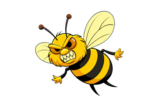 Photo of angry cartoon bee with sharp teeth, isolated on transparent background