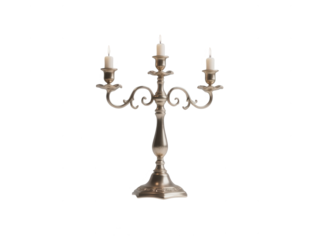 Silver Candelabra with Lit Candles on White Background
