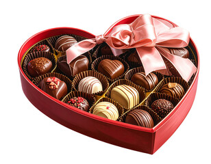 Angled Perspective Heart Gift Box with Ribbon and Chocolates, Isolated PNG