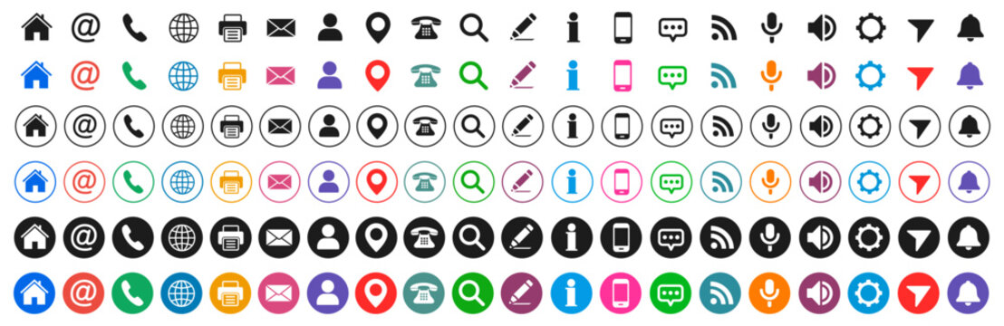 Contact icon set, contact us color buttons. Business card or website icons set address, location, number, fax, email, phone, website, message, name icon collection, communication contact