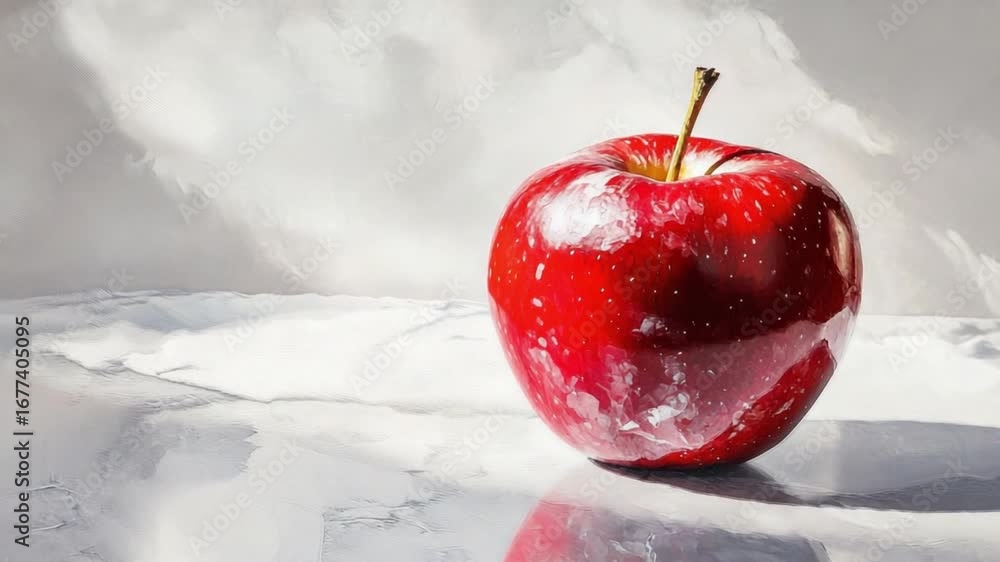 Poster vibrant red apple on a reflective surface with soft light and subtle shadows