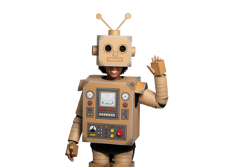 Girl in Cardboard Robot Costume Waving: Creative Kids Play
