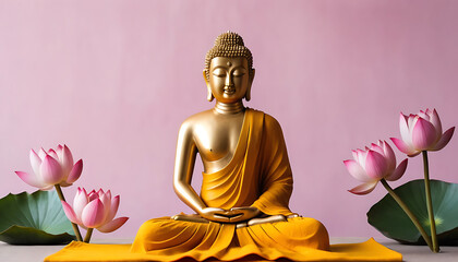 Obraz premium Buddha statue with saffron robe slightly folded surrounded by blooming pink lotus flowers in the background