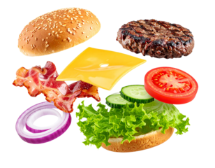 Artistic Exploded Burger Layers Floating in Air, Isolated on White