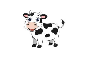 Photo of cute cartoon cow with black and white spots smiling and isolated on transparent background