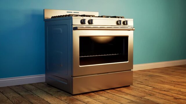 A modern stainless steel range oven sits on a wood floor against a teal wall, with a dark oven interior