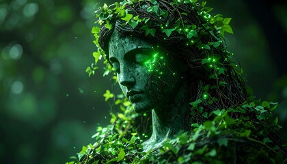Stone Woman Statue Covered in Vines and Glowing Lights in Forest