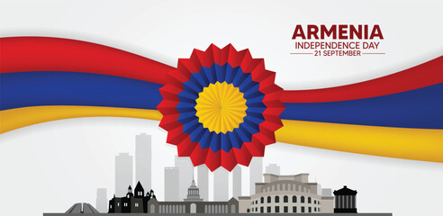 Armenia Independence Day 21 September flag waving with cityscape vector poster
