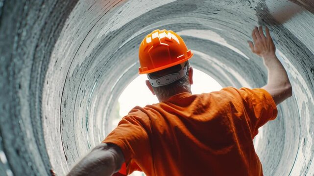 Construction worker inspecting concrete pipe