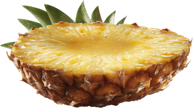 Ripe Pineapple Cross Section with Green Leaves on Transparent Background
