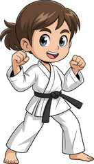 Martial arts character, karate fighter, black belt warrior, cartoon illustration, confident pose, traditional gi, combat stance, expressive eyes, discipline, training, dojo, animated style