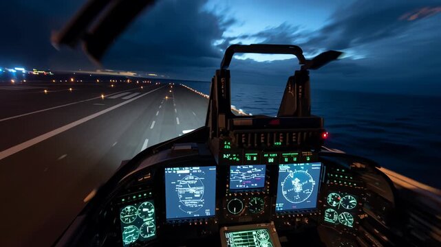 Jet pilot landing on aircraft carrier at dusk