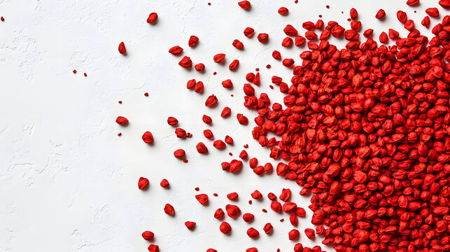 Whole annatto seeds in bright red scattered on a smoth, white background, showasing their vibrant color nd unique shape.