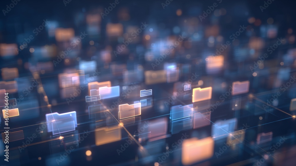 Poster abstract network grid with files and folders, futuristic software interface, digital document manage