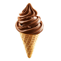 Chocolate soft serve ice cream in sugar cone with rich texture on transparent background