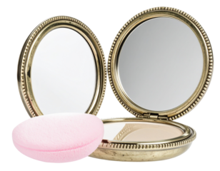  Open Vintage Compact Mirror with Powder Puff Resting Outside, Transparent Background