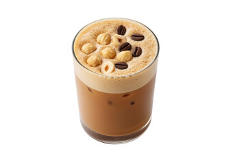 Iced Coffee with Hazelnut and Coffee Beans: Delicious and Refreshing Drink on White