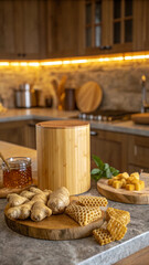 Rustic Kitchen Still Life: Honeycomb, Ginger, and Honey in Warm Lighting