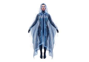 Futuristic Female Figure in Digital Cloak with Glowing Circuits on White Background