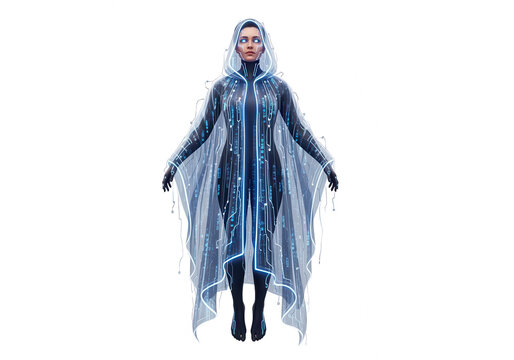 Futuristic Female Figure in Digital Cloak with Glowing Circuits on White Background