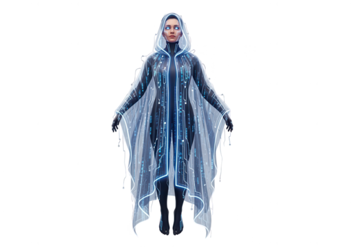 Futuristic Female Figure in Digital Cloak with Glowing Circuits on White Background