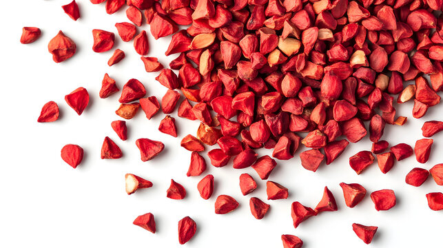 Whole annatto seeds in bright red scattered on a smoth, white background, showasing their vibrant color nd unique shape.