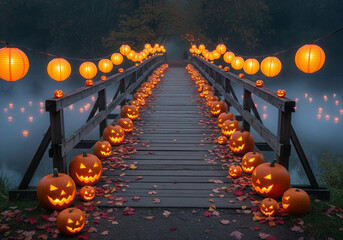 A realistic glowing Halloween bridge at night, decorated with pumpkins and lanterns, perfect for spooky and festive seasonal projects, Ai Generate.