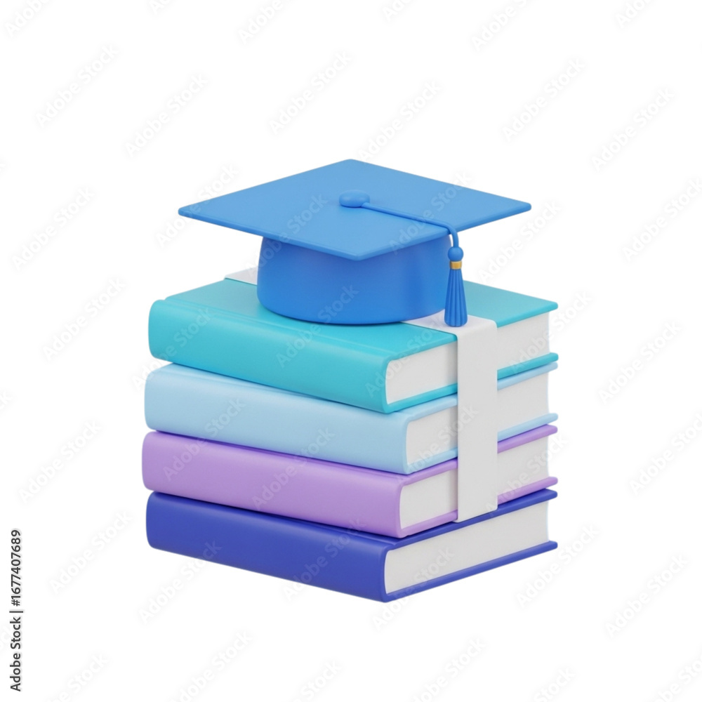 Poster 3d icon of stack of books with graduation cap isolated on transparent background
