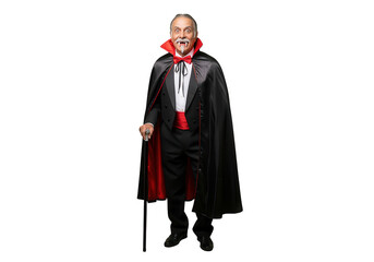 Smiling Vampire in Costume with Cane, Isolated on White