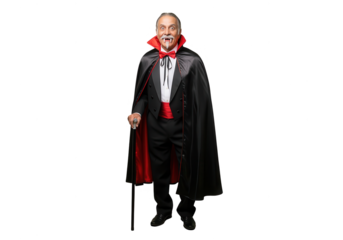 Smiling Vampire in Costume with Cane, Isolated on White