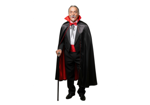 Smiling Vampire in Costume with Cane, Isolated on White