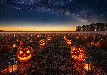 A realistic glowing pumpkin patch at night with starry skies and autumn mist, perfect for Halloween-themed backgrounds and seasonal designs, Ai Generate.