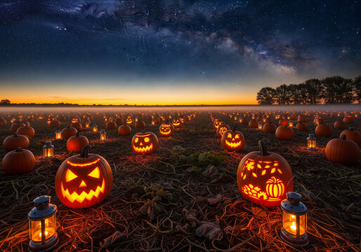 A realistic glowing pumpkin patch at night with starry skies and autumn mist, perfect for Halloween-themed backgrounds and seasonal designs, Ai Generate.