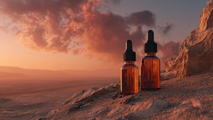 Two amber glass dropper bottles sit on a rocky outcrop at sunset, overlooking a vast desert landscape under a dramatic sky