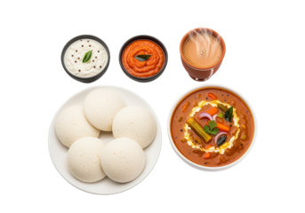 South Indian Breakfast: Idli Sambar with Chutney and Tea