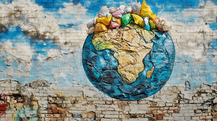 Graffiti art of the Earth made of plastic waste