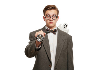 Scared Nerd with Flashlight and Ghost for Halloween
