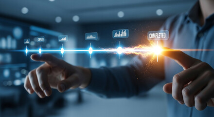 A businessman's finger touches a futuristic digital interface with a glowing light and data streams a perfect concept for modern technology and business innovation