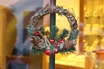 Christmas wreath on the window, Cesky Krumlov, Czech Republic