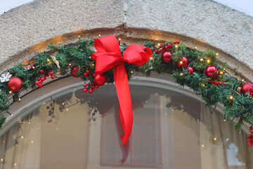Christmas decorations for window arch, Cesky Krumlov, Czech Republic