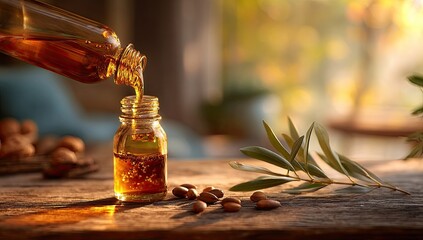 Amber oil pours from a bottle into a smaller vial on a rustic wooden surface, bathed in warm, golden sunlight;  nuts and olive branch nearby