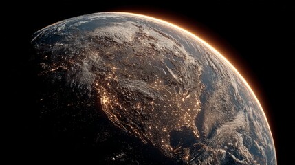 A view of the Earth at night with the lights of cities and towns visible.