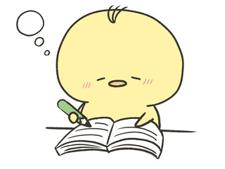 寝ながら勉強するひよこ