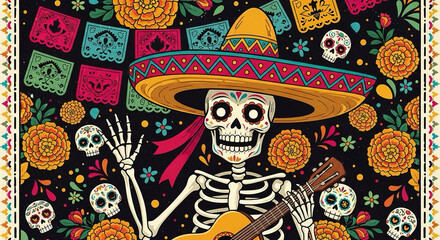 Poster design with skeleton in traditional Mexican hat (stylized, not scary).