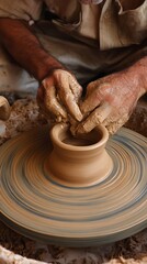 A potter's hands expertly shape a clay pot on a spinning wheel, showcasing the artistry and skill involved in traditional pottery.